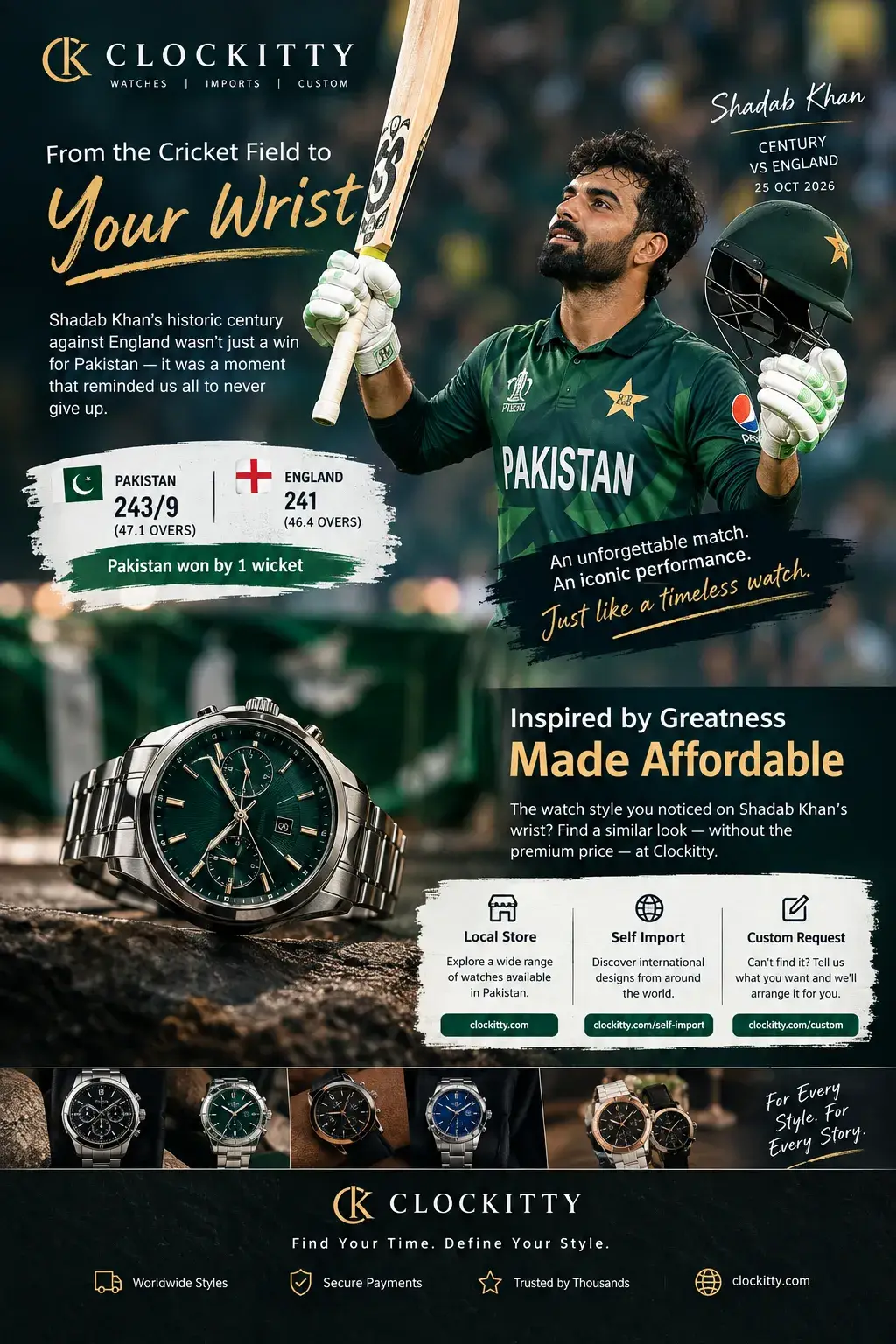 Affordable luxury-style wristwatch featured in Clockitty's Shadab Khan cricket-inspired campaign