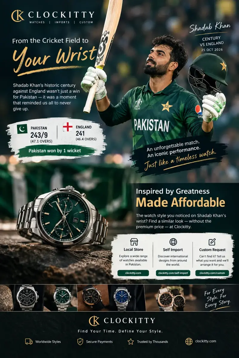 Affordable luxury-style wristwatch featured in Clockitty's Shadab Khan cricket-inspired campaign