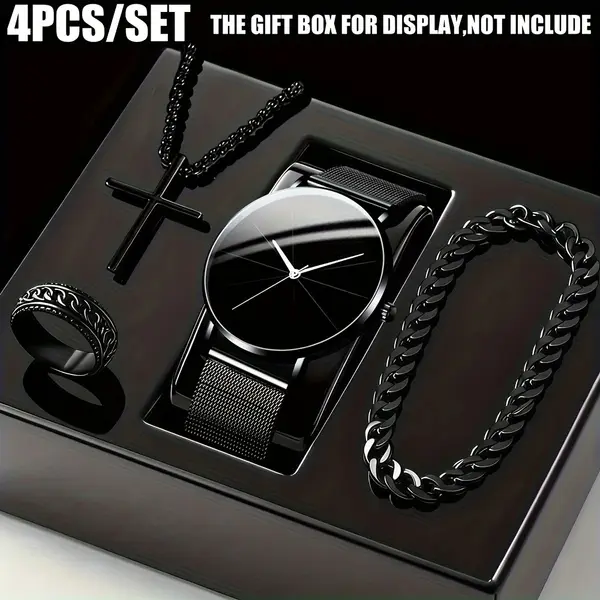 Men's Fashion Watch Ring Necklace Bracelet Set - Stainless Steel Jewelry Collection for Daily Wear