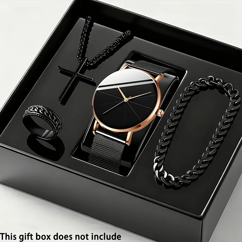 Men's Fashion Watch Ring Necklace Bracelet Set - Stainless Steel Jewelry Collection for Daily Wear