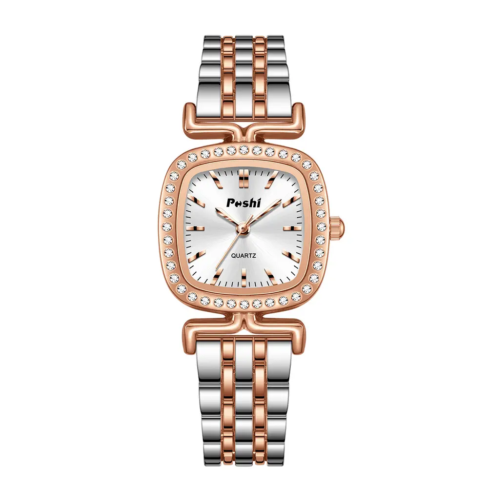Diamond-encrusted Dial Oval-shaped Steel Bracelet Quartz Womens Watch