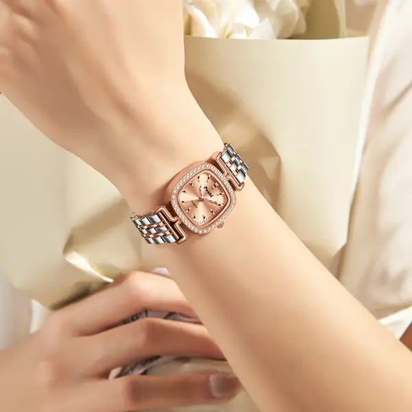 Diamond-encrusted Dial Oval-shaped Steel Bracelet Quartz Womens Watch