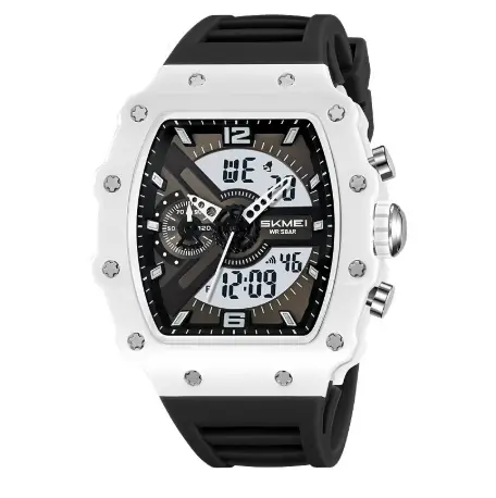 Multifunctional Mens Watch With Dual Displays Featuring A Stylish Barrel-shaped Case