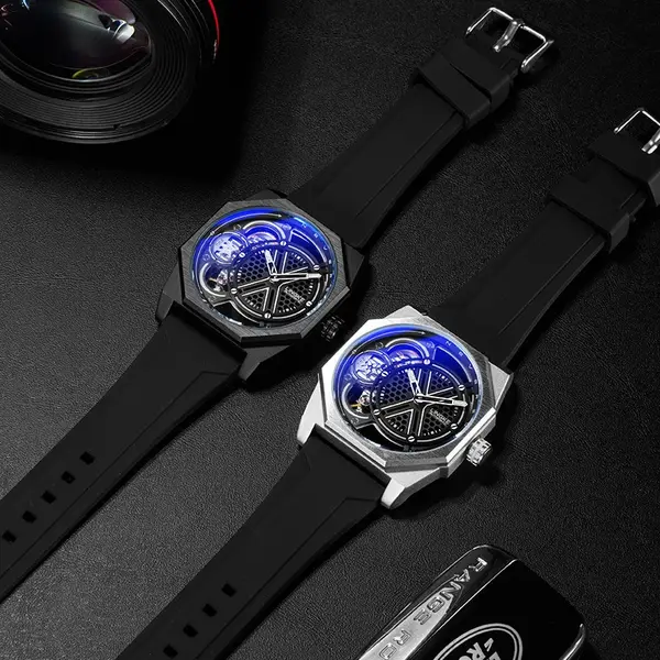 Mens Watch Tonneau-shaped Skeleton Dual-movement Quartz Wristwatch