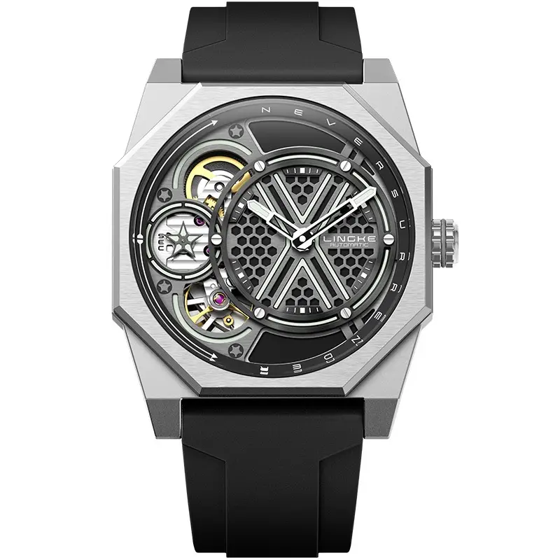 Mens Watch Tonneau-shaped Skeleton Dual-movement Quartz Wristwatch